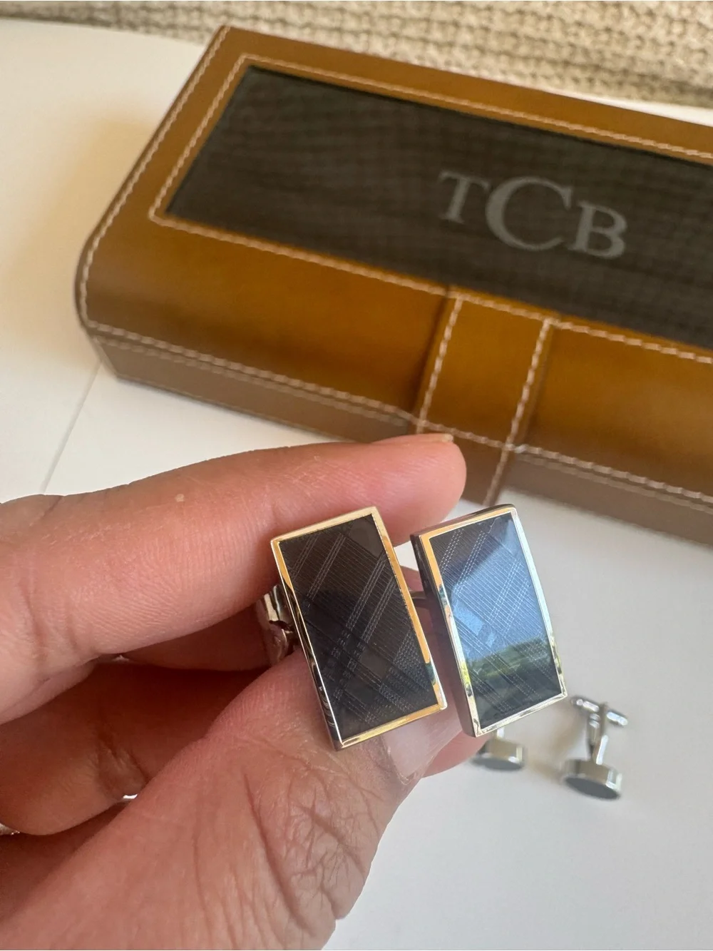 TCB Brown and Black Leather Cufflink Case with Silver-Tone Cufflinks